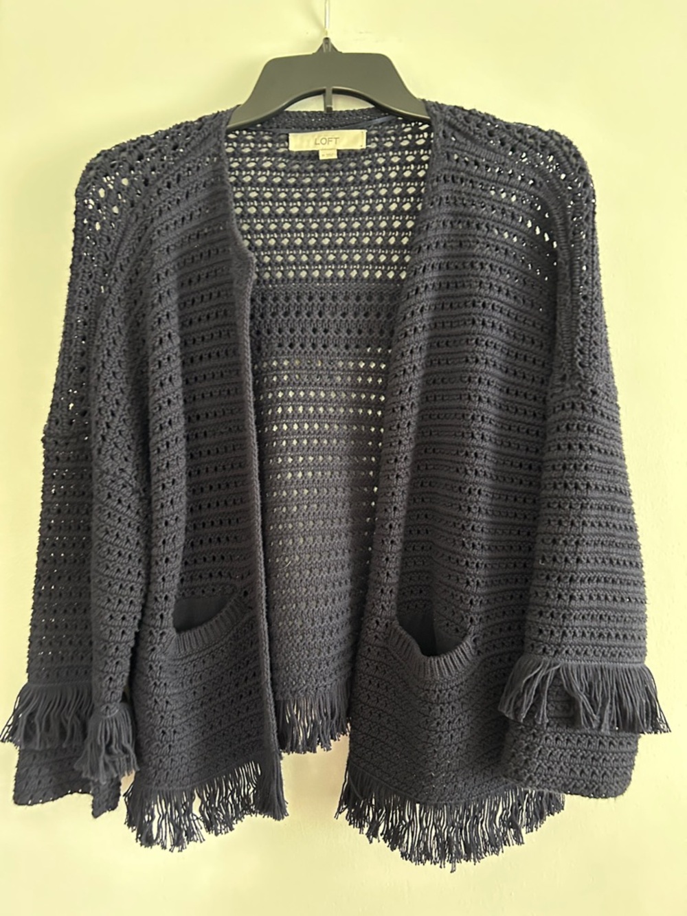LOFT Navy Crochet Fringe Open Cardigan